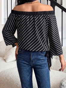 Áo ngắn tay lửng trễ vai kẻ sọc thời trang mùa xuân/hè dành cho nữ - màu đen - Xem 2