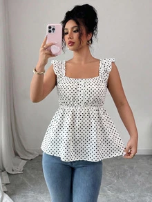 Women's Polka Dot Frill Trim Shoulder Strap Square Neck Cinched Waist Blouse, New Summer Design - Black and White - View 5