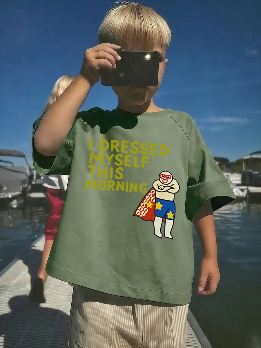 1件幼儿男童“我自己穿衣服”超级英雄图案T恤，休闲印花圆领短袖T恤 - 綠色 - 查看 1