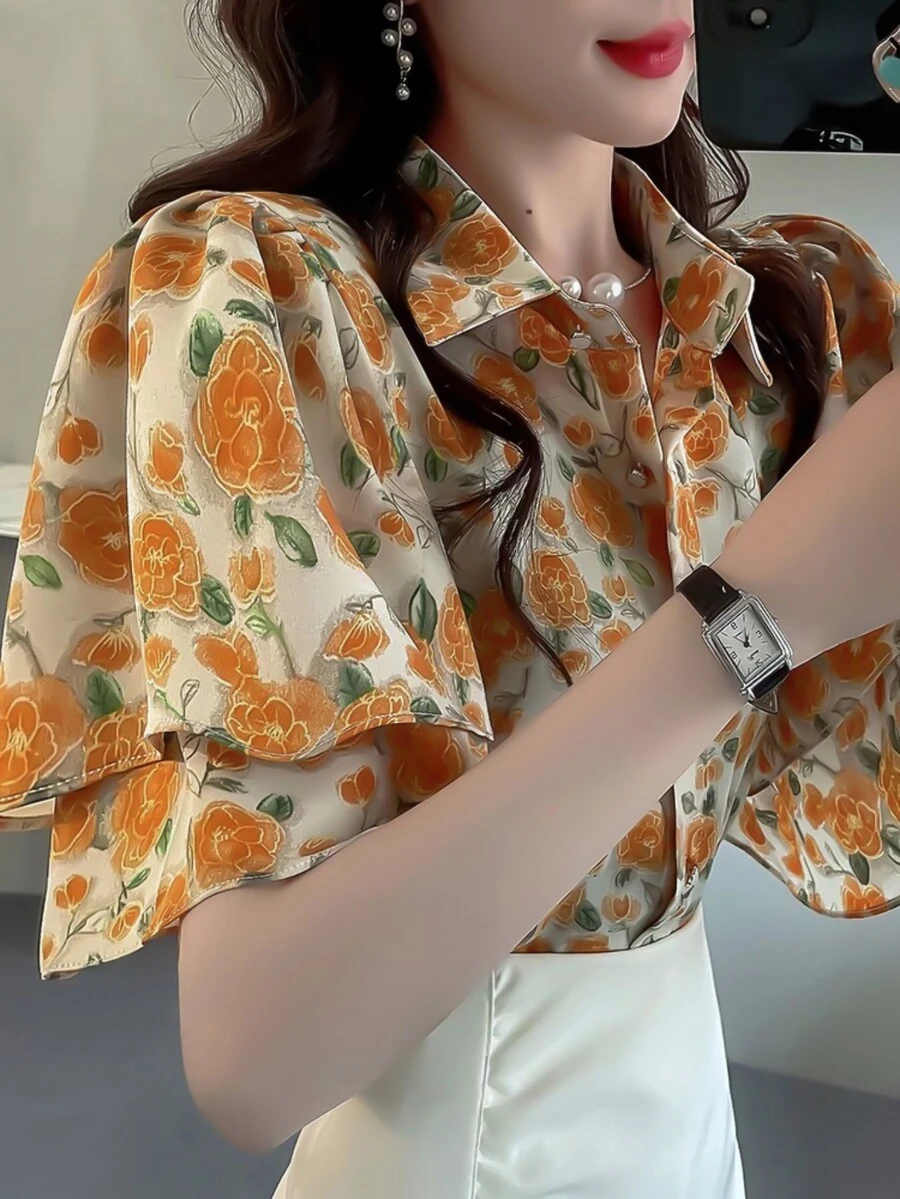 Women's Elegant Floral Print Shirt, Short Layered Sleeves, Button Details, Suitable For Vacation And Daily Wear, Summer - Multicolor - View 1