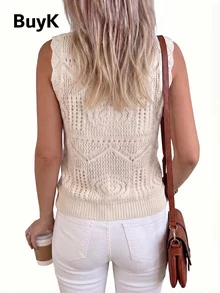 BuyK [Áo trên] Áo khoác ngoài không tay dệt kim khoét lỗ dành cho nữ, cổ và viền tua rua, áo tank top kiểu dáng thường ngày, nhẹ, thoáng khí, phong cách bohemian mùa hè, màu kem/ngà voi, thích hợp mặc đi biển. - Màu be - Xem 2