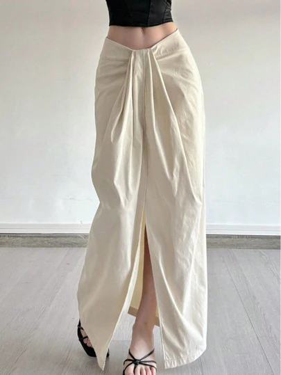 Women's Solid Color Pleated High Slit Elegant Mid-Length Skirt, Spring/Summer