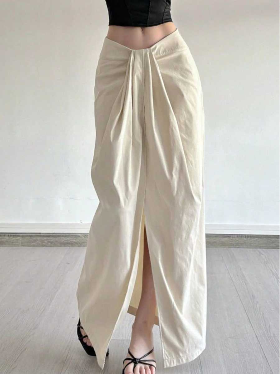 Women's Solid Color Pleated High Slit Elegant Mid-Length Skirt, Spring/Summer - Beige - View 1