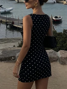 Đầm ngắn không tay in chấm bi thanh lịch dành cho nữ - Đen và trắng - Xem 2