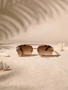 Tropiscape 1pc Women's New Oval Lens Fashion Glasses, Metal Leopard Decor Temple Vintage Minimalist Design, For Summer Beach Vacation, Outdoor, Travel Shades Leopard Head Vintage Style Oversized Aviator Frame For Going Out Outfit,Back To School Cottagecore,SummerOutfit - Brown - View 2