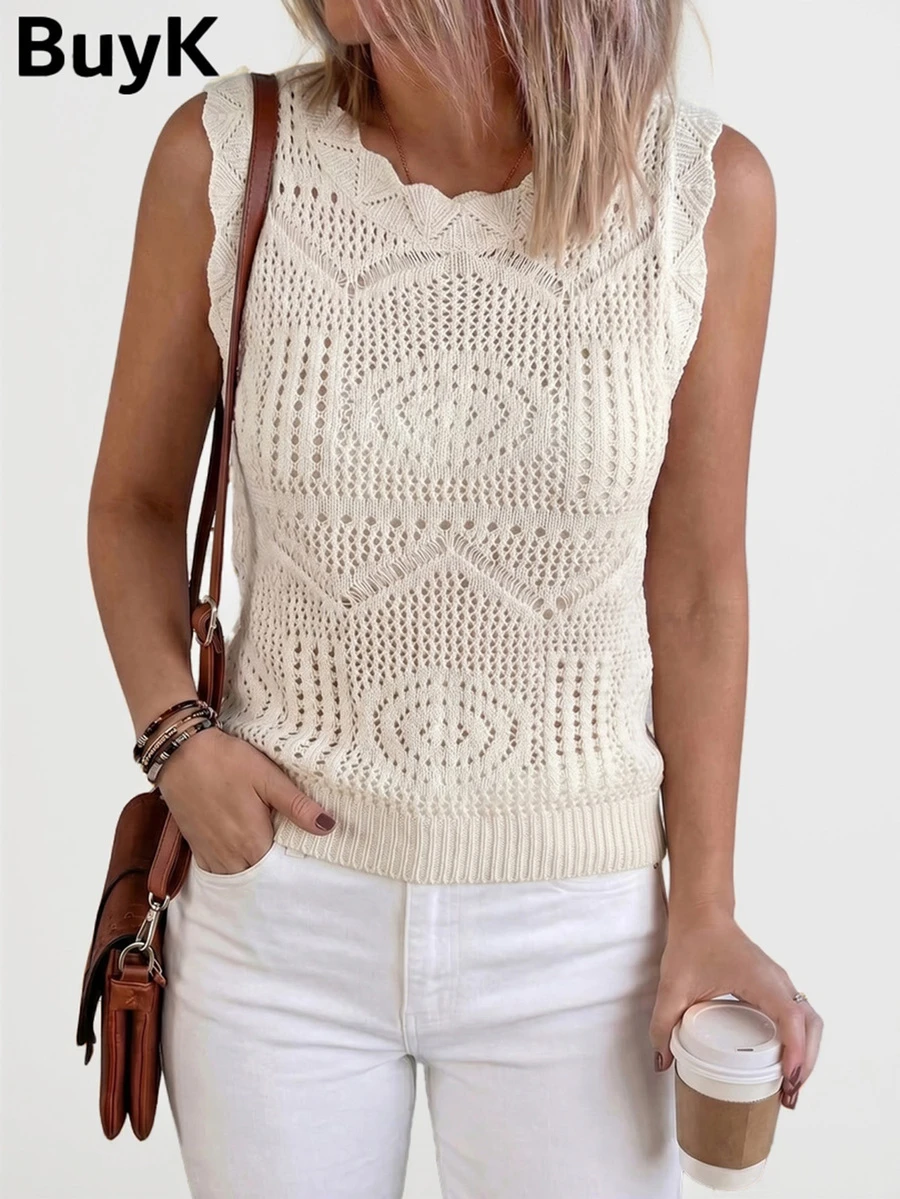 BuyK [Áo trên] Áo khoác ngoài không tay dệt kim khoét lỗ dành cho nữ, cổ và viền tua rua, áo tank top kiểu dáng thường ngày, nhẹ, thoáng khí, phong cách bohemian mùa hè, màu kem/ngà voi, thích hợp mặc đi biển. - Màu be - Xem 1
