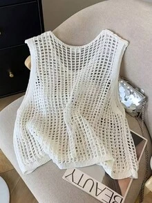 Áo tank top dệt kim không tay cổ chữ V khoét rỗng mới dành cho nữ, chất liệu nhẹ, thích hợp cho mùa xuân/hè. - trắng - Xem 2