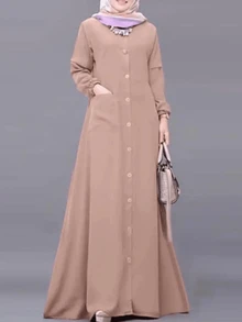 女士休闲纯色朴素优雅长款阿拉伯连衣裙，适合春夏季开斋节庆典 - 藕粉色 - 查看 1