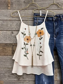 Women's Vacation Style Embroidered Printed Camisole, French Retro Fitted Double Hem Textured Fabric Spaghetti Strap Top, Summer Casual - Apricot - View 9