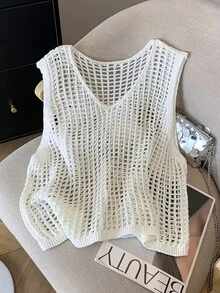 Áo tank top dệt kim không tay cổ chữ V khoét rỗng mới dành cho nữ, chất liệu nhẹ, thích hợp cho mùa xuân/hè. - trắng - Xem 1