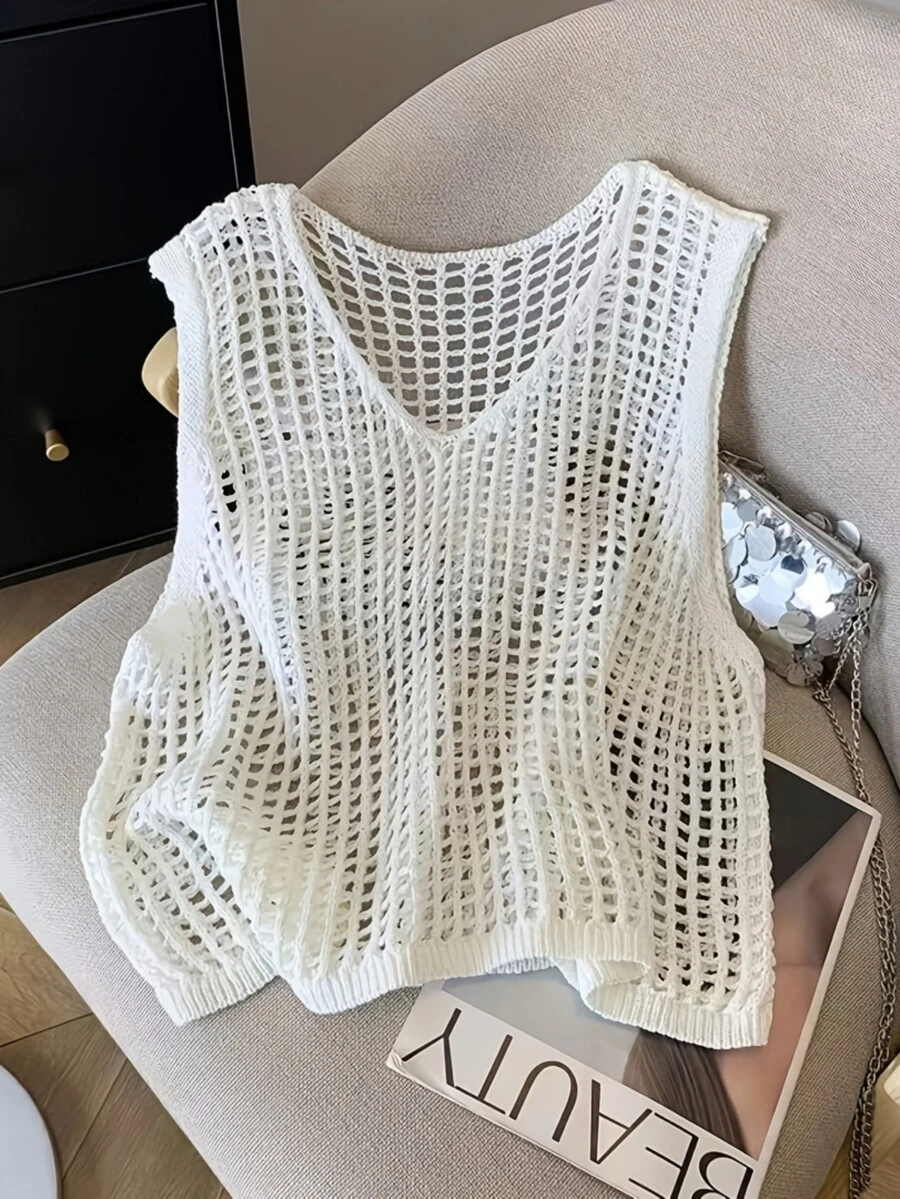 Áo tank top dệt kim không tay cổ chữ V khoét rỗng mới dành cho nữ, chất liệu nhẹ, thích hợp cho mùa xuân/hè. - trắng - Xem 1