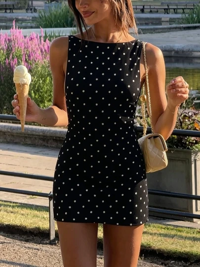 女士波点印花无袖迷你连衣裙