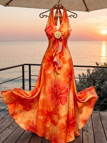 Đầm dài dáng chữ A không tay, hở lưng, thắt nút, in họa tiết hoa dâm bụt phong cách Boho dành cho nữ, thích hợp cho kỳ nghỉ biển, điểm xuyết hoa hồng 3D và chi tiết bèo nhún, thanh lịch. - Nhiều màu - Xem 3