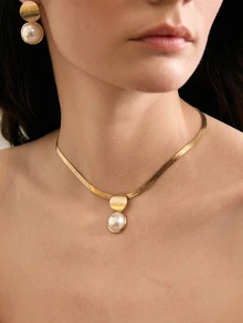 Rylithe 3 Stück/Set elegantes Halsketten- und Ohrringschmuckset für Frauen, modische flache goldene Schlangenkette, geometrischer gestreifter runder Anhänger, Kunstperlen-Herzanhänger, Schlüsselbein-Kette, für den täglichen Gebrauch, Festivals, alle Jahreszeiten, hochwertiges Geschenkzubehör, Sommeroutfit, Festivaloutfit, elegantes Outfit - Rund Weiß - Übersicht 5