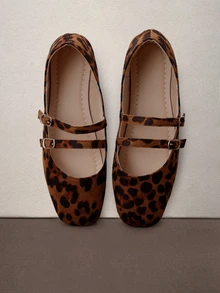 Hatastic 春秋新款豹纹方头女士平底鞋，时尚日常通勤扣环平底女鞋，轻便舒适芭蕾平底玛丽珍鞋一脚蹬乐福鞋 - 方頭豹紋2 - 查看 2