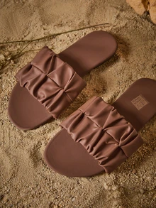 Tropiscape Wide Fit Women's Fashion Square Toe Pleated Flat Sandals, Summer Holiday Style PU Brown Slide Sandals - Brown - View 5