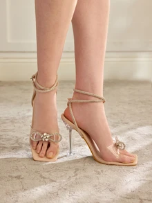 Rylithe 女款高跟透明鑽石裝飾鞋跟涼鞋,蝴蝶結和腳踝綁帶設計,夏季必備 - 杏色 - 查看 5