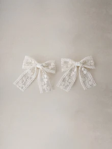 Hatastic 2pcs/Set Lace Embroidery Ribbon Bowknot Hair Clips, Sweet Girl Style Hair Accessories Suitable For Dresses, Outings, Photography, Any Occasion Back To School - Beige - View 1