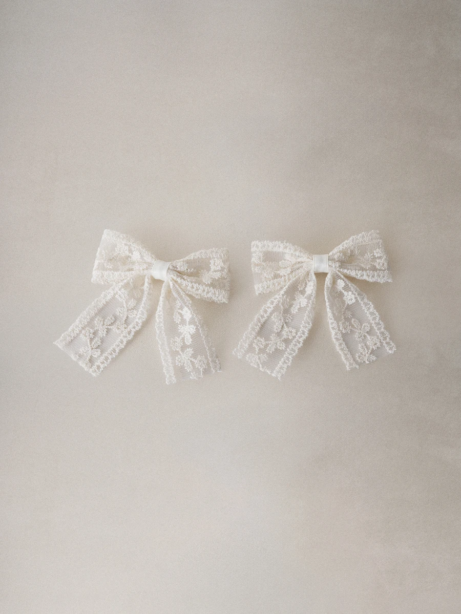 Hatastic 2pcs/Set Lace Embroidery Ribbon Bowknot Hair Clips, Sweet Girl Style Hair Accessories Suitable For Dresses, Outings, Photography, Any Occasion Back To School - Beige - View 1