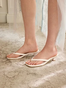 Rylithe 夏季新款软皮方头人字拖，细跟凉鞋，百搭细跟女式人字拖 - 白色 - 查看 1