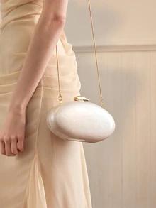 1 件时尚亚克力亮面女士晚宴包，蛋形斜挎包，配有可拆卸金链，适合婚礼、派对、度假 - 白色 - 查看 5