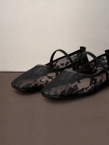 Hatastic 秋冬优雅玫瑰花方头蕾丝网眼女鞋，户外休闲婚礼派对透气镂空平底芭蕾平底鞋，百搭乐福鞋，玛丽珍鞋 - 蕾絲黑色 - 查看 5