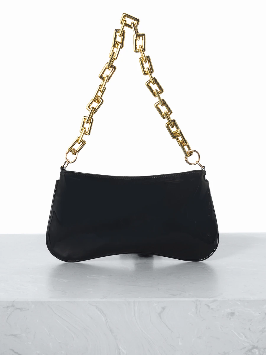 CHICVUE 1pc Metallic Gold Chain Decor One Shoulder Underarm Baguette Bag - Black - View 1