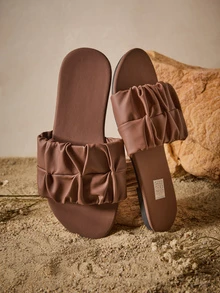 Tropiscape Wide Fit Women's Fashion Square Toe Pleated Flat Sandals, Summer Holiday Style PU Brown Slide Sandals - Brown - View 3