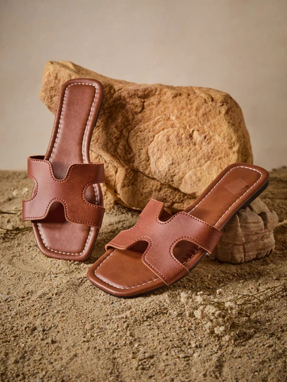 Tropiscape 2025 Summer New H-Shape Fashion Flat Sandals, Simple Outdoor Beach Casual Slippers For Women, Solid Color Casual Elegant PU Leather Beach Holiday Office Home Outdoor Party Summer