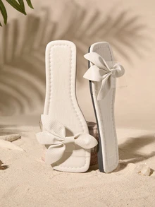 Tropiscape Women Mint Blue Bohemian Style Flat Sandals With Bowknot Decor, Lightweight, Soft And Comfortable. Anti-Slip, Anti-Bacterial, Odor-Resistant. Suitable For Summer Outdoor, Travel, Wedding, Party, As House Slippers And Beach Wear. Cottagecore,SummerOutfit - Beige - View 3