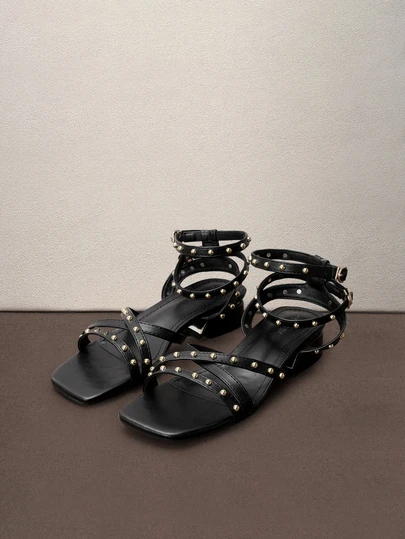 Hatastic 女士新款凉鞋，低粗跟，绑带装饰，方头罗马凉鞋，金属色，春夏穿搭