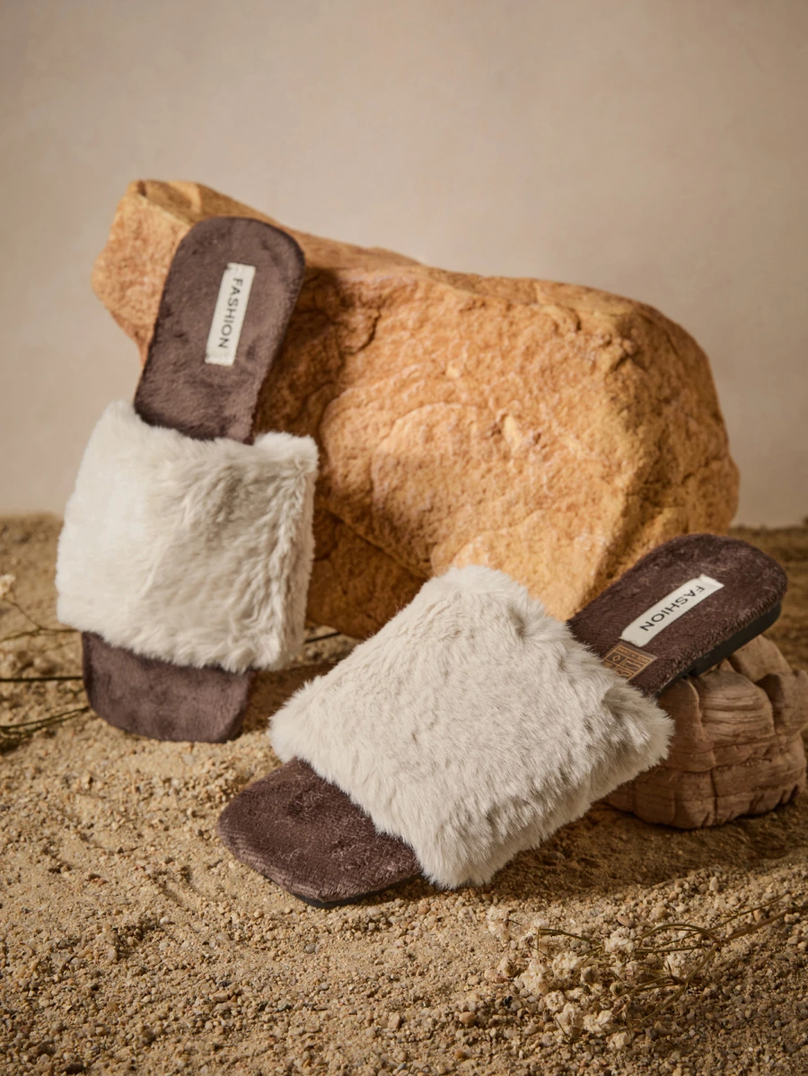 Tropiscape Women's Flat Open Toe Fluffy Slippers, Super Soft Faux Fur, Comfortable Breathable Warm House Slippers, Casual Fashion Relaxing Strap Slides, Versatile Autumn/Winter Open Toe Slippers, Simple And Elegant, Suitable For Festive Celebrations, Daily Home Wear Cottagecore,SummerOutfit - Beige - View 1