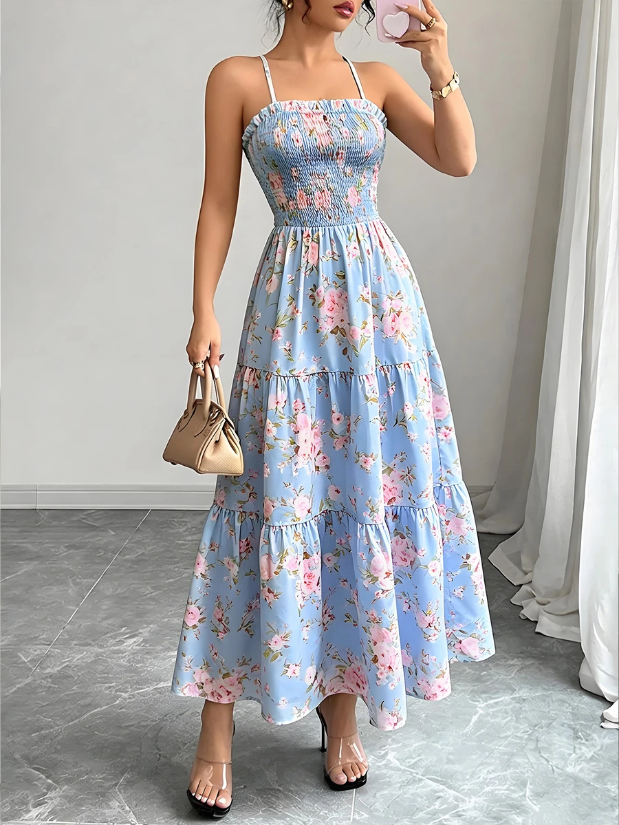 印花褶皱连衣裙，法式乡村风甜美性感度假风，春夏款 - 藍色 - 查看 1