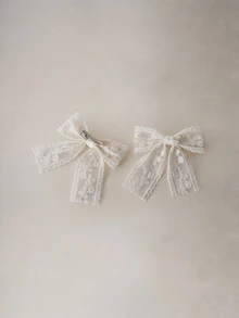 Hatastic 2pcs/Set Lace Embroidery Ribbon Bowknot Hair Clips, Sweet Girl Style Hair Accessories Suitable For Dresses, Outings, Photography, Any Occasion Back To School - Beige - View 2