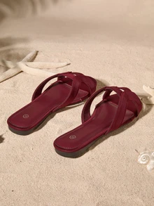 Tropiscape Women's Flat Hollow-Out Wine Red Slippers,Spring Summer Outfits Cottagecore,SummerOutfit - Burgundy - View 3