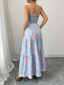 印花褶皱连衣裙，法式乡村风甜美性感度假风，春夏款 - 藍色 - 查看 2