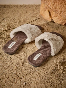 Tropiscape Women's Flat Open Toe Fluffy Slippers, Super Soft Faux Fur, Comfortable Breathable Warm House Slippers, Casual Fashion Relaxing Strap Slides, Versatile Autumn/Winter Open Toe Slippers, Simple And Elegant, Suitable For Festive Celebrations, Daily Home Wear Cottagecore,SummerOutfit - Beige - View 3