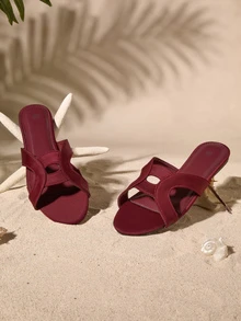Tropiscape Women's Flat Hollow-Out Wine Red Slippers,Spring Summer Outfits Cottagecore,SummerOutfit - Burgundy - View 1