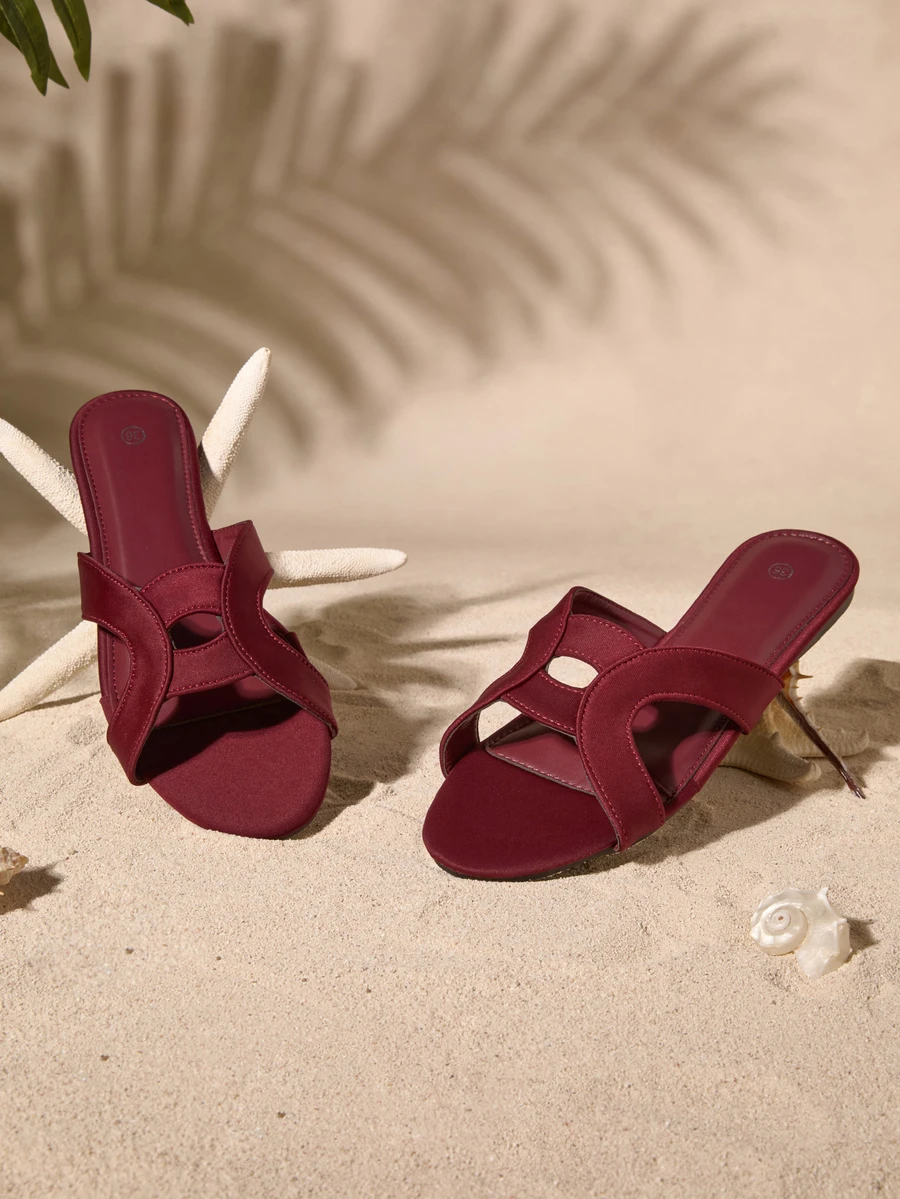 Tropiscape Women's Flat Hollow-Out Wine Red Slippers,Spring Summer Outfits Cottagecore,SummerOutfit - Burgundy - View 1