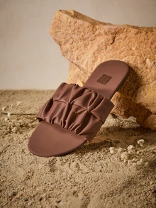 Tropiscape Wide Fit Women's Fashion Square Toe Pleated Flat Sandals, Summer Holiday Style PU Brown Slide Sandals - Brown - View 4
