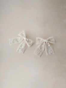 Hatastic 2pcs/Set Lace Embroidery Ribbon Bowknot Hair Clips, Sweet Girl Style Hair Accessories Suitable For Dresses, Outings, Photography, Any Occasion Back To School - Beige - View 3