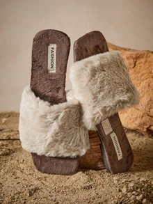 Tropiscape Women's Flat Open Toe Fluffy Slippers, Super Soft Faux Fur, Comfortable Breathable Warm House Slippers, Casual Fashion Relaxing Strap Slides, Versatile Autumn/Winter Open Toe Slippers, Simple And Elegant, Suitable For Festive Celebrations, Daily Home Wear Cottagecore,SummerOutfit - Beige - View 4