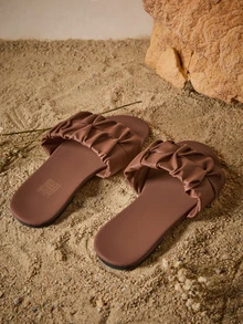 Tropiscape Wide Fit Women's Fashion Square Toe Pleated Flat Sandals, Summer Holiday Style PU Brown Slide Sandals - Brown - View 2