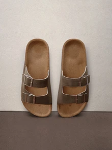 Hatastic Sandalias de mujer con suela de corcho suave, estilo retro, de punta abierta, transpirables. Cómodas, antideslizantes y duraderas. Sandalias de verano tipo . Diseño de doble hebilla que permite un ajuste personalizado, adecuadas para pies delgados. - Caqui - Ver 2