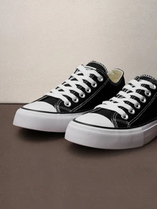 Hatastic 黑色帆布鞋 女鞋 运动鞋 男鞋 帆布鞋 春秋款 韩版 简约时尚 休闲系带运动鞋 经典低帮帆布鞋 百搭休闲滑板鞋 - 黑色 - 查看 5