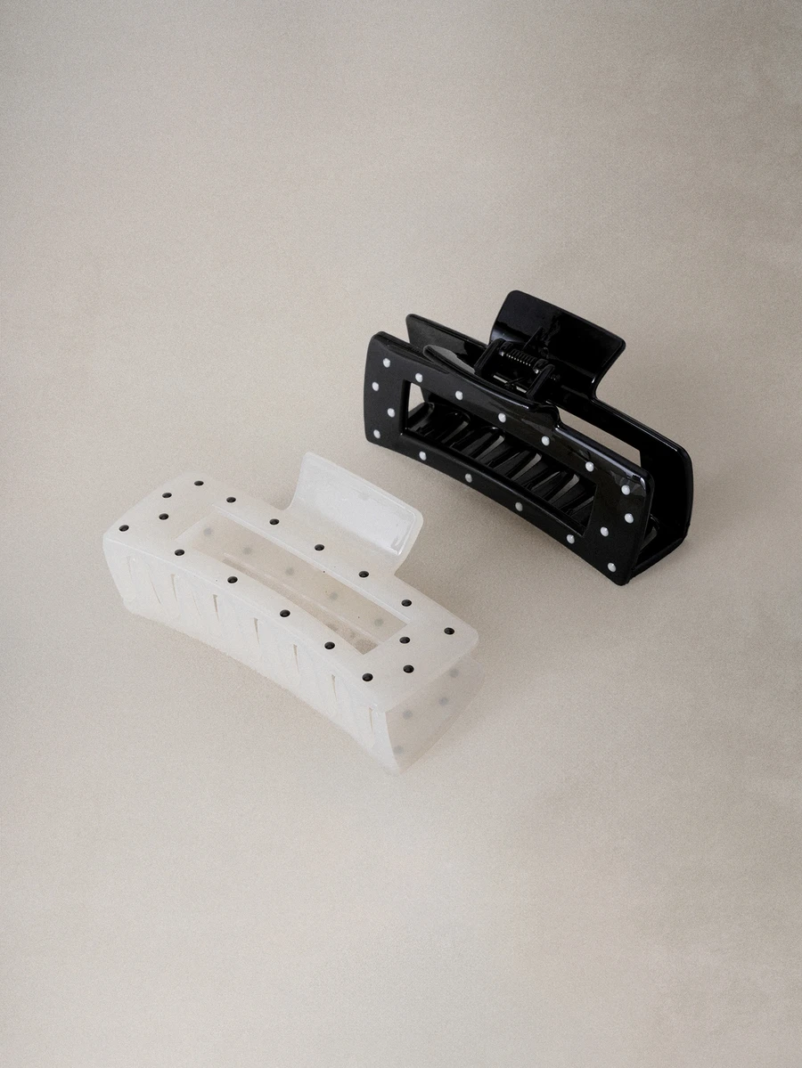 Hatastic 2 Pcs Black & White Polka Dot Shiny Large Square Hair Claw Clips For Casual Updo Hairstyles Hair Jaw Clip Hair Clamps Hair Clutch Hair Catcher Clip Fall Winter Hair Clip Hair Accessories For Women For Vacation Outfits Woman - Multicolor - View 1