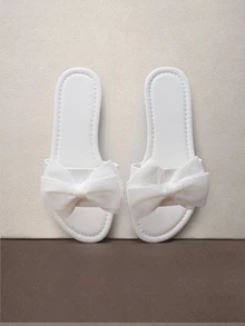 女士平底凉鞋拖鞋2025新款蝴蝶结户外软底轻便透气平底沙滩拖鞋 - 白色 - 查看 2
