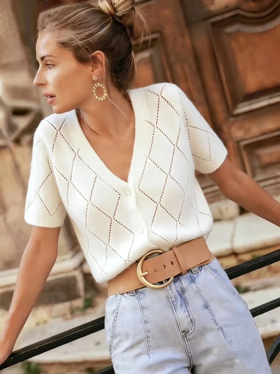 Solid Color Knit Fabric Hollow Out Ribbed Front Button Sweater Top, Loose Casual Elegant For Daily Wear, Spring/Summer White - White - View 1