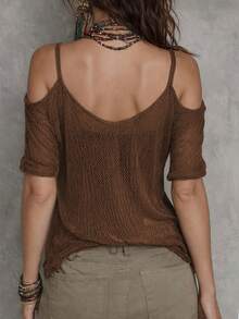 女士钩针露肩无袖短款上衣，棕色，休闲宽松优雅性感百搭夏季款 - 棕色 - 查看 2