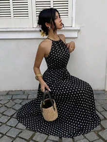 休閒優雅女款波點洋裝，寬鬆波點洋裝，適合正式晚宴、海灘、夜晚約會、度假，秋季黑色夏季款 - 黑色 - 查看 2